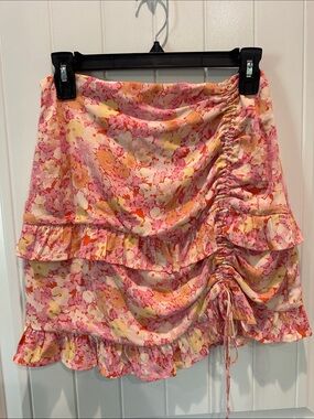 Le Lis Pink & Yellow Floral Ruffle Drawstring Mini Skirt